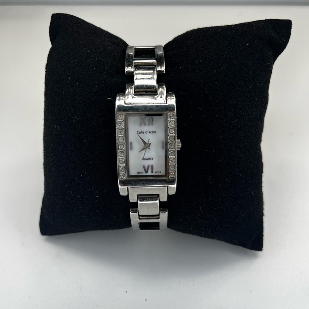 Vintage Cote d’Azur Mother Of Pearl Silver Tone Rhinestone Women’s Watch‎ Dainty